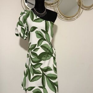 SHEIN One-Shoulder Dress with Green Leaf Print